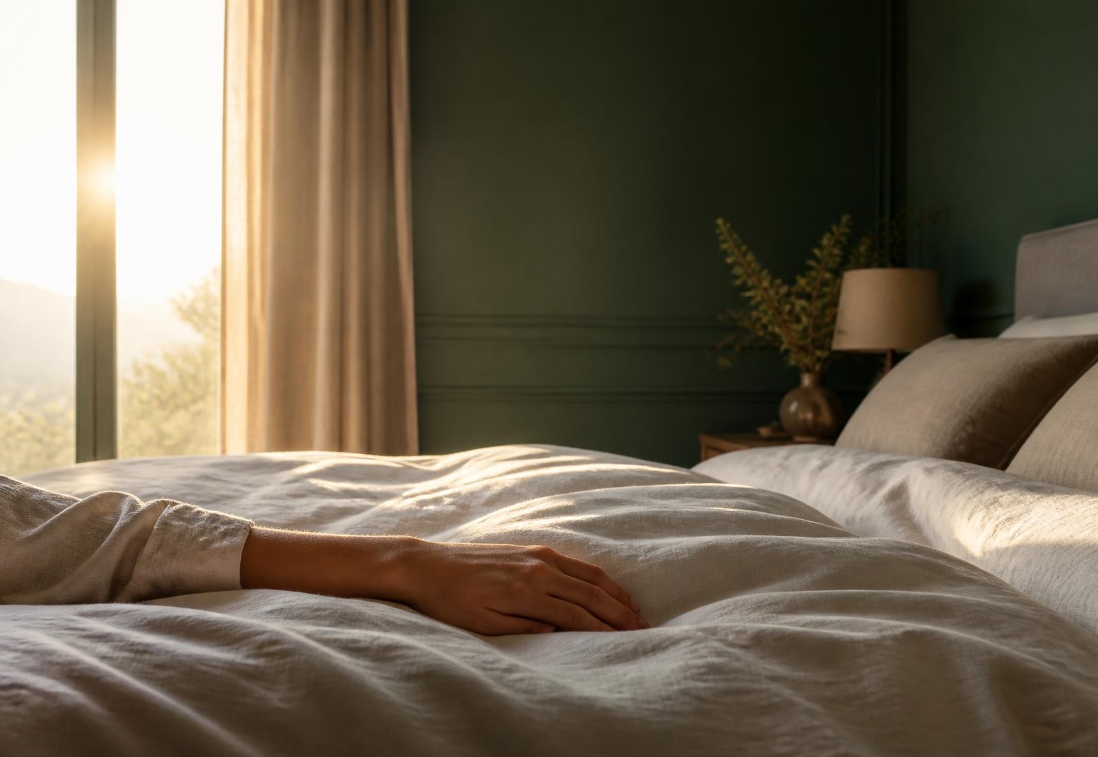 Morning light falling across linen bedding in a quiet bedroom