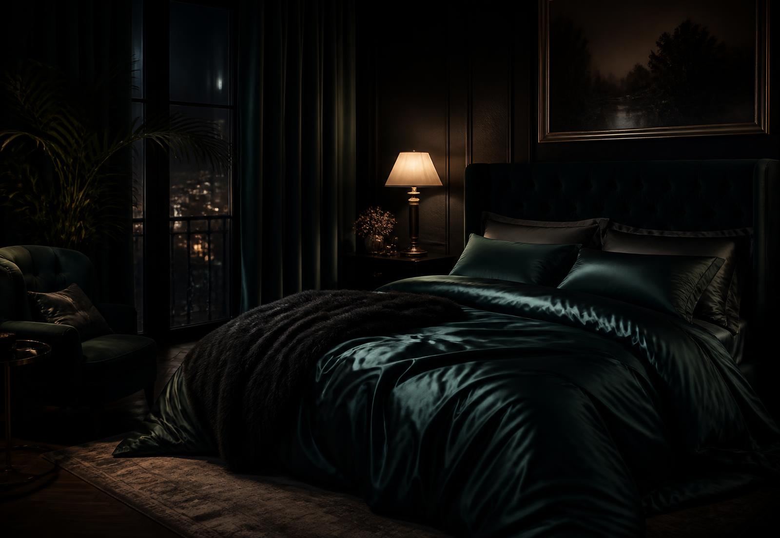 A dark, richly appointed bedroom lit by a single lamp